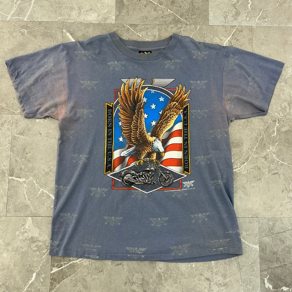 Vintage 3D Emblem Biker Graphic Tee Mens XL Eagle Born‎ In The USA Short Sleeve